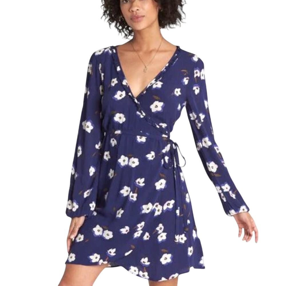 Billabong Floral Wrap Dress M Blue Ruffle Long Sleeve Boho Cottage Surfer Girl